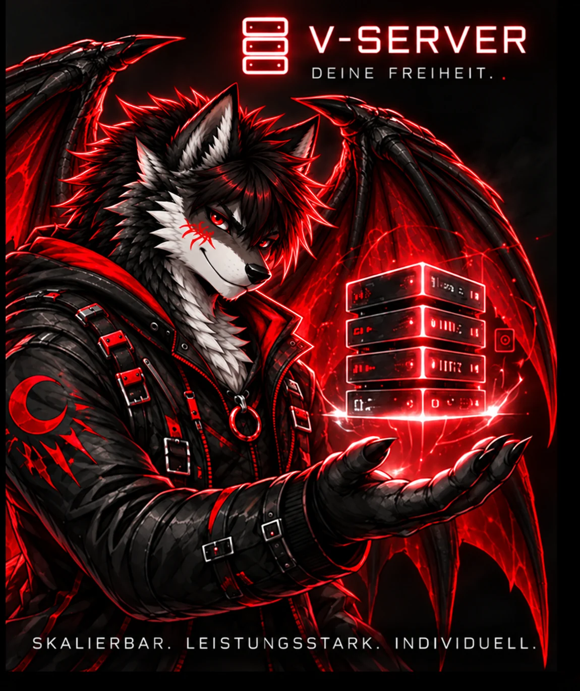 Dragon Host Charakter mit V-Server-Motiv