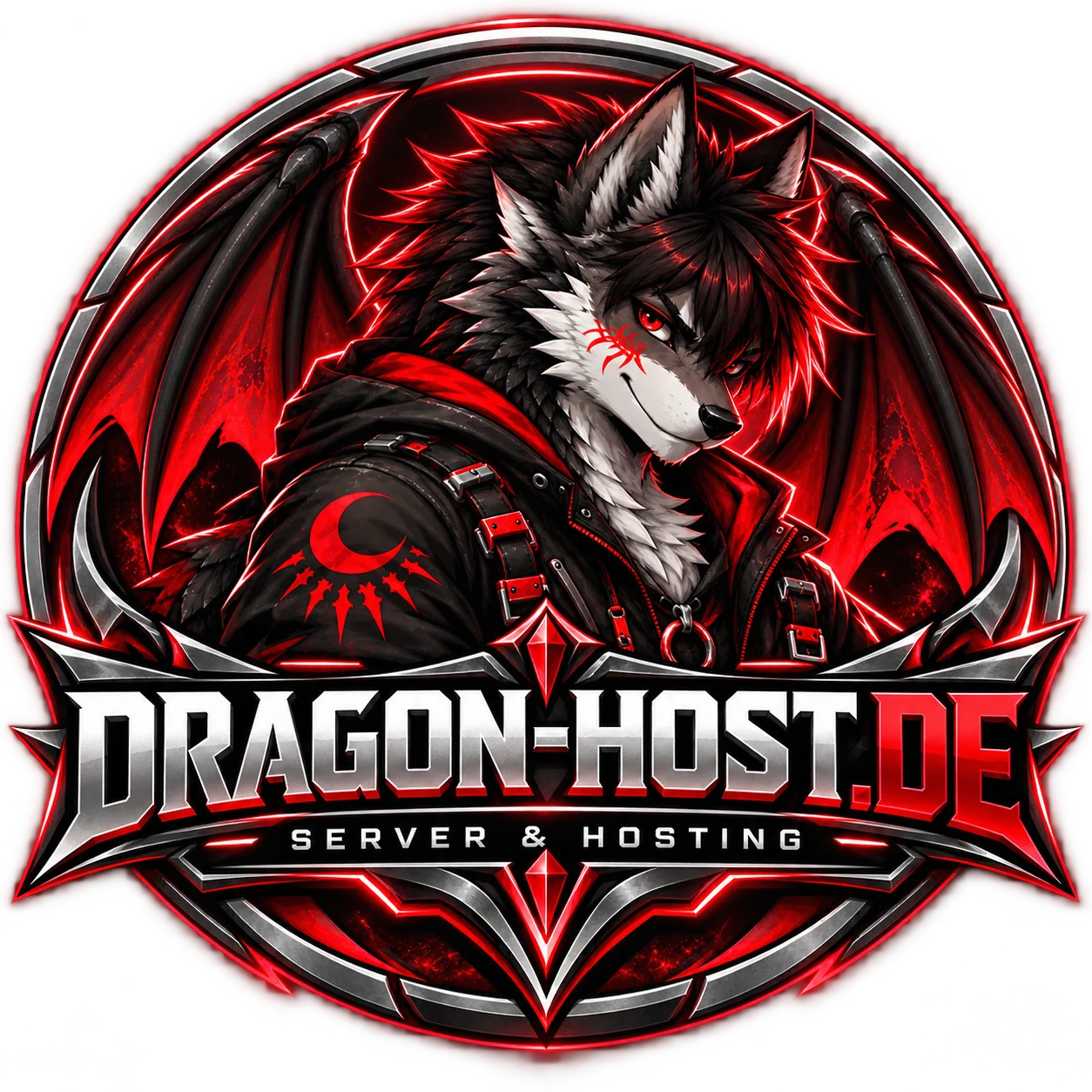Dragon Host Logo mit Drachenwolf und Neonflügeln