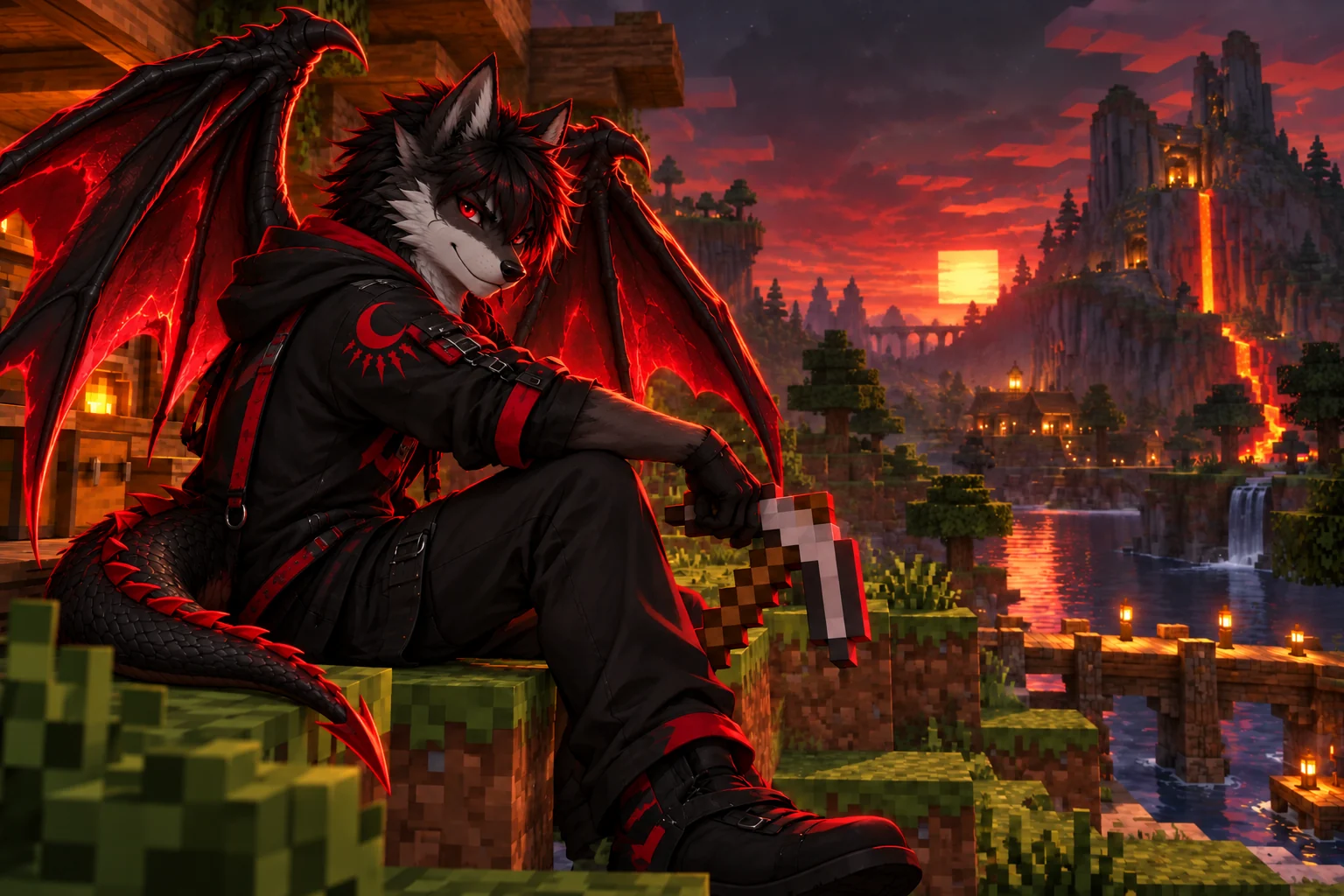 Dragon-Host-Maskottchen in einer blockigen Minecraft-Spielwelt